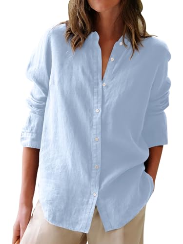 Button Down Shirts for Women Cotton Oxford Shirts Long Sleeve Dress Shirts Collared Blouses Work Casual Solid Tunic Tops - Light Blue Xl
