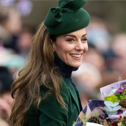 Kate Middleton wears a dark green coat and hat and holds a bunch of flowers as she meets fans at Sandringham on Christmas Day, and Princess Diana wears a green suit while children wave United Kingdom flags