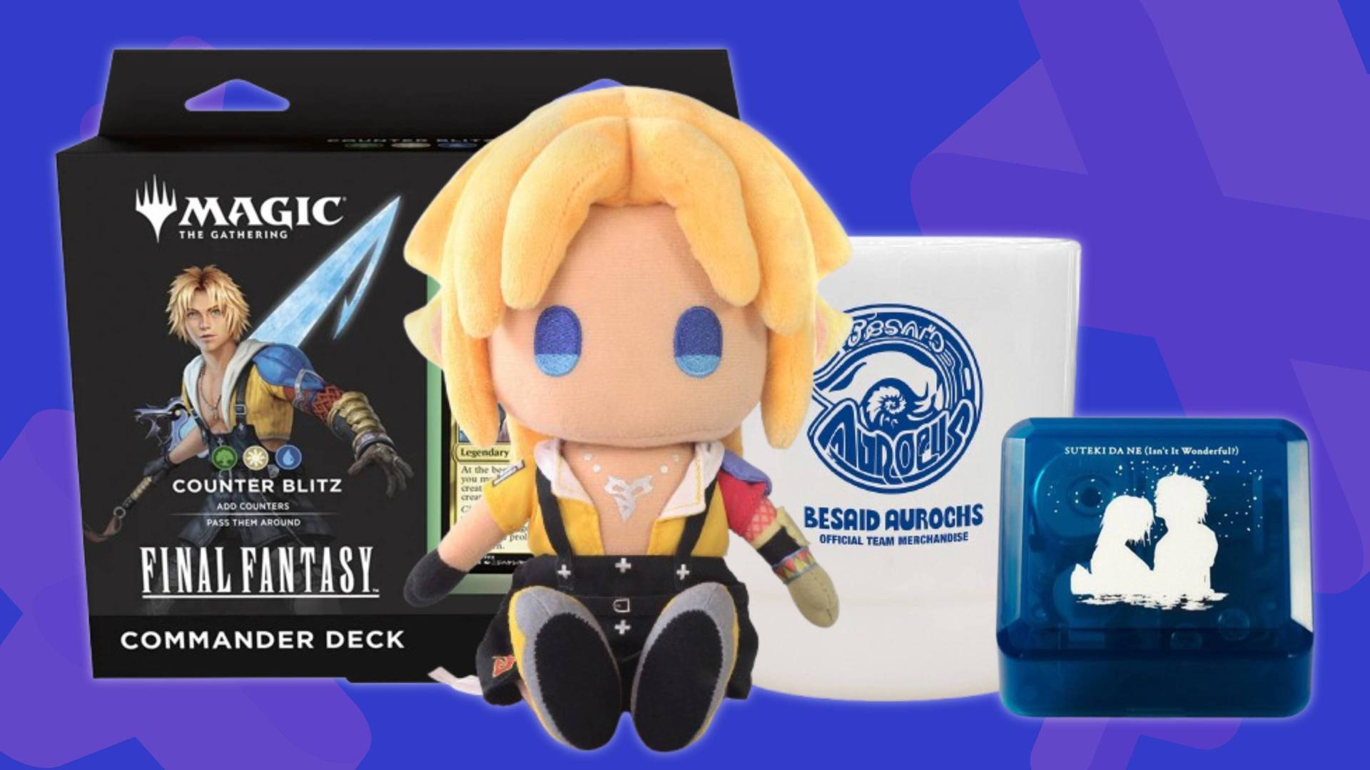 Image of a set of official Final Fantasy 10 merch on a blue GamesRadar+ background.