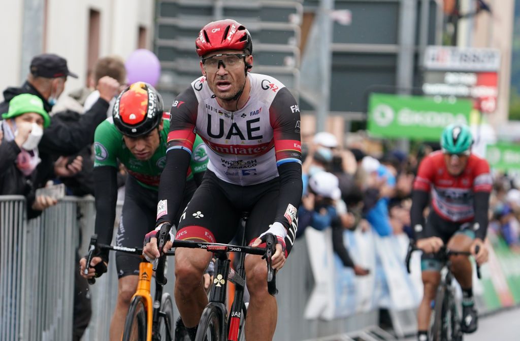 ILMENAU GERMANY AUGUST 27 Alexander Kristoff of Norway and UAE Team Emirates celebrates winning ahead of Phil Bauhaus of Germany and Team Bahrain Victorious green points jersey during the 35th Deutschland Tour 2021 Stage 2 a 1806km stage from Sangerhausen to Ilmenau DeineTour on August 27 2021 in Ilmenau Germany Photo by Christian KasparBartkeGetty Images