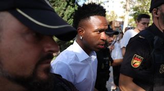 Real Madrid and Brazil forward Vinicius Junior leaves court after giving evidence and testifying against racist fans in October 2023.