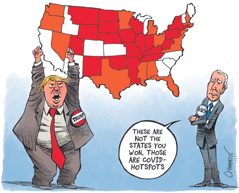 Political Cartoon U.S. Trump Biden 2020 map