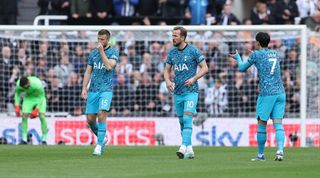 Tottenham players Harry Kane, Son Heung-min and Eric Dier look dejected after conceding in Spurs' 6-1 defeat at Newcastle in the Premier League in April 2023.