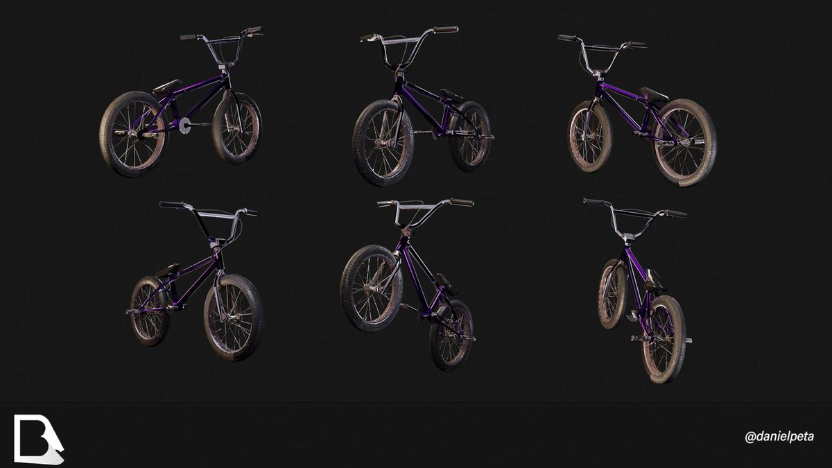 Various 3D renders of a BMX bike on a dark background
