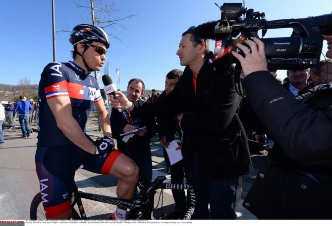 Sylvain Chavanel talks to the press prior to the race start