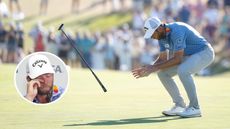 Main image of Sam Burns letting go of his putter on the 18th hole at Shinnecock Hills during the US Open final round in 2026, with an inset image of Burns wiping away a tear in his post-round presser