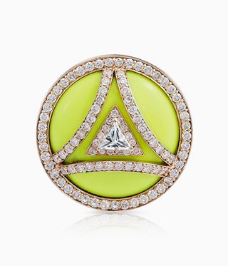 Ring with yellow enamel criss crossed with diamonds