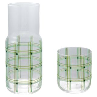 Creative Co-Op Glass Carafe with Drinking Glass and Grid Pattern