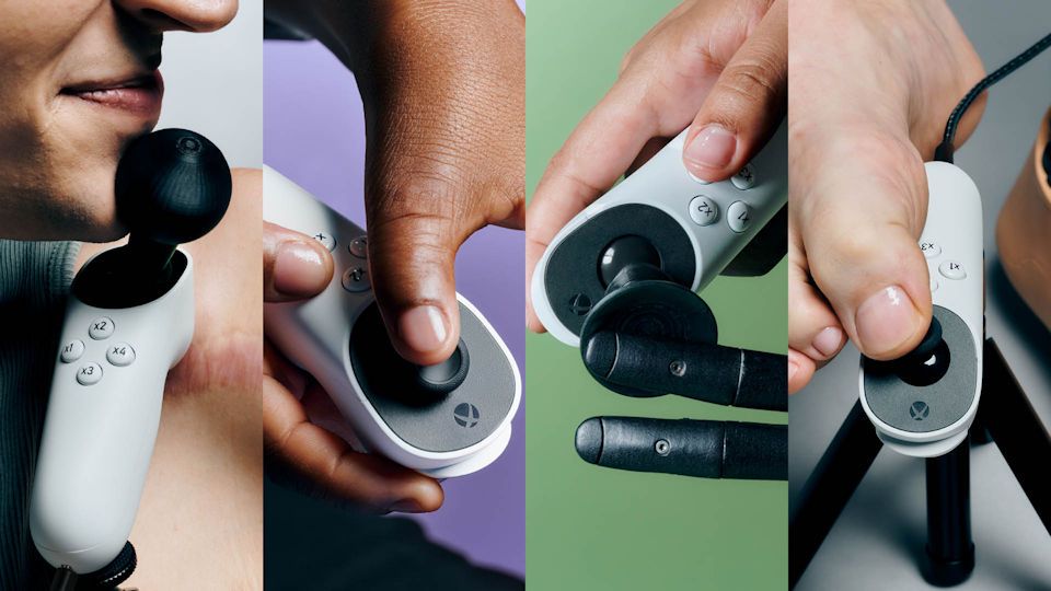 A collage of the Xbox Adaptive Joystick with various thumbgrips being used by gamers with a variety of disabilities.