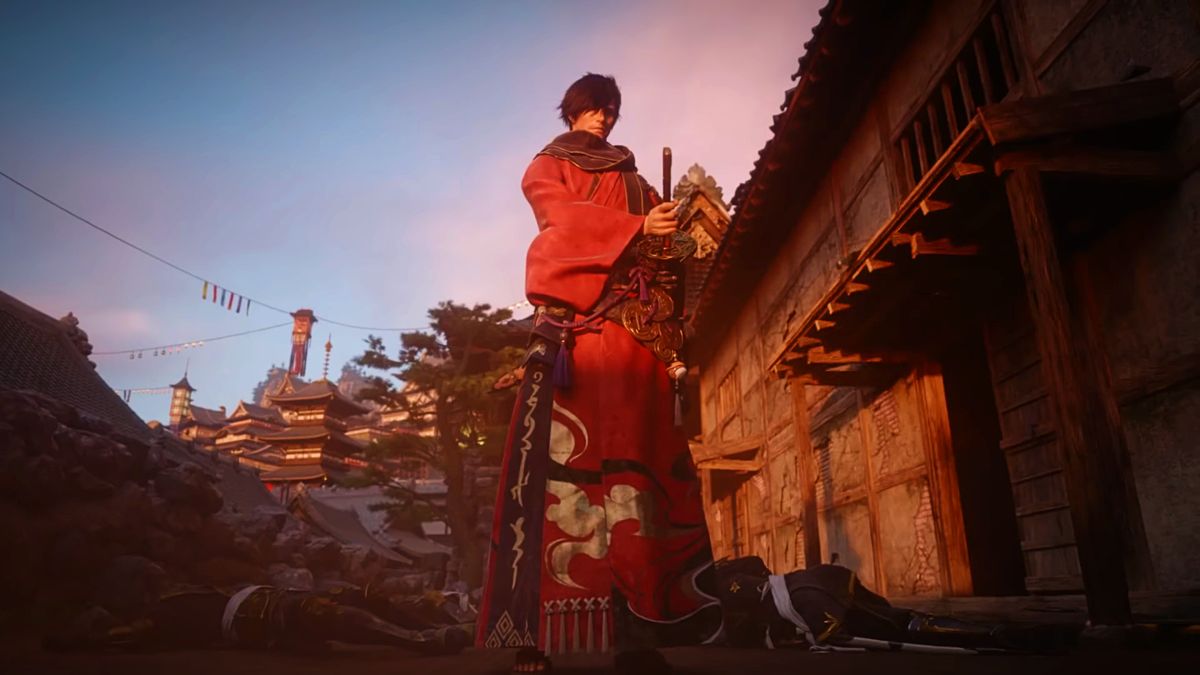 Final Fantasy 14 screenshot from Stormblood&#039;s cinematic trailer showcasing the Warrior of Light as a Samurai