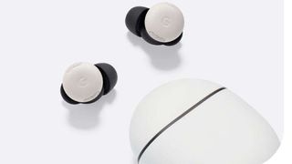 A pair of Google Pixel Buds Pro 2 with their charging case on a white background.