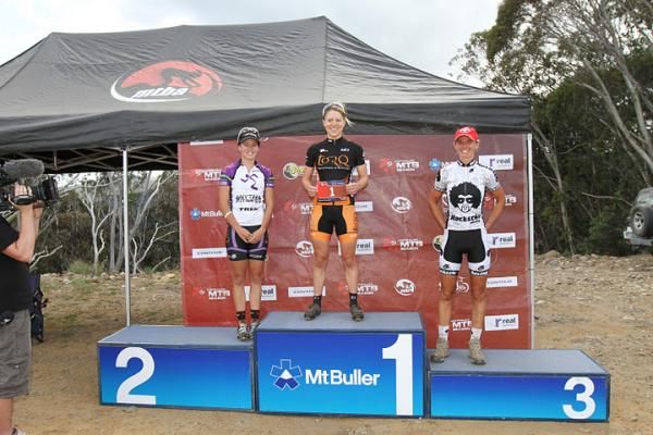 Elite women's cross country podium with Rebecca Henderson, Jenni King and Jenny Fay