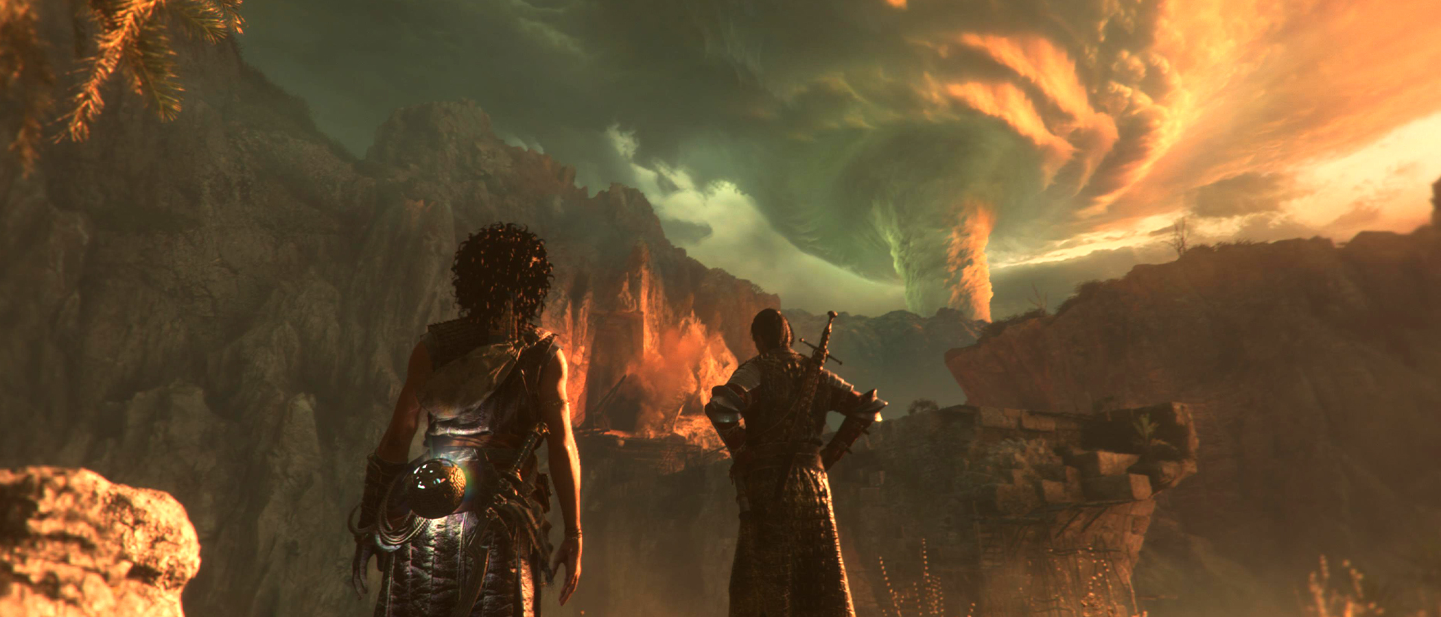 Two people look at a volacanic eruption in a fantasy game