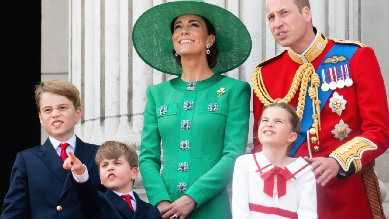 Prince George of Wales, Prince Louis of Wales, Catherine, Princess of Wales, Princess Charlotte of Wales, Prince William of Wales on the balcony during Trooping the Colour on June 17, 2023 in London, England. Trooping the Colour is a traditional parade held to mark the British Sovereign&#039;s official birthday. It will be the first Trooping the Colour held for King Charles III since he ascended to the throne.