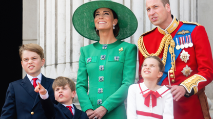 Prince George of Wales, Prince Louis of Wales, Catherine, Princess of Wales, Princess Charlotte of Wales, Prince William of Wales on the balcony during Trooping the Colour on June 17, 2023 in London, England. Trooping the Colour is a traditional parade held to mark the British Sovereign's official birthday. It will be the first Trooping the Colour held for King Charles III since he ascended to the throne.