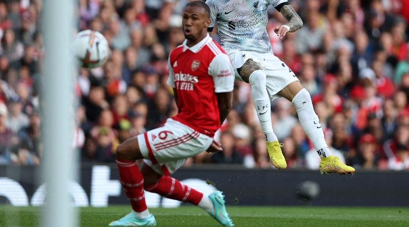 Gabriel Magalhaes in action for Arsenal against Liverpool.