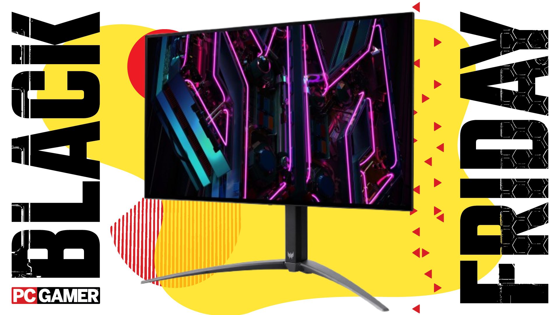 Acer Predator X27U on a yellow background with &quot;black friday&quot; written on the side