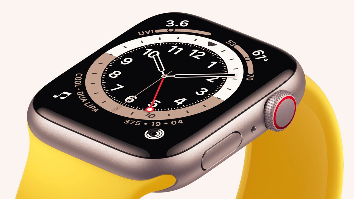 Close up of the Apple Watch SE with a yellow silicone band