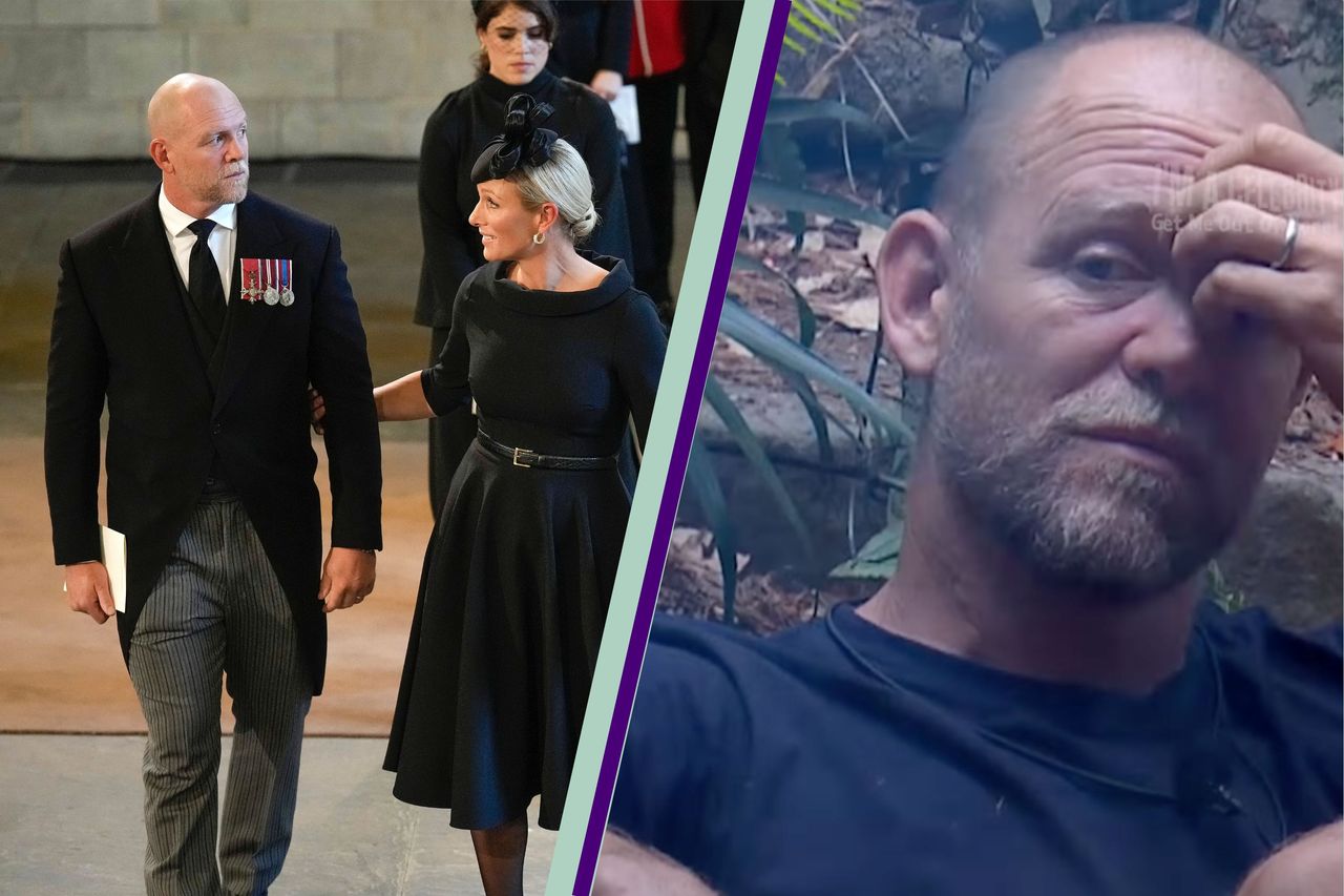 Mike Tindall and wife Zara Tindall at the Queen&#039;s funeral and split layout with Mike Tindall in I&#039;m A Celebrity with his hand up to his face