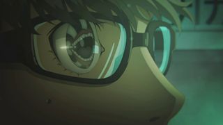 A Shadow with a huge mouth and tongue is reflected in the main character's glasses in one of Persona 4 Revival's anime cutscenes