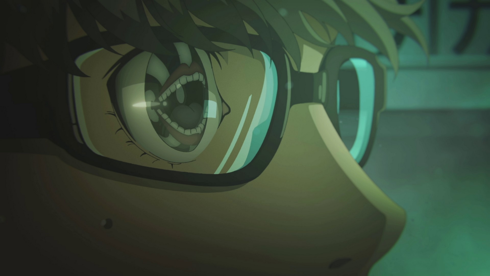 A Shadow with a huge mouth and tongue is reflected in the main character's glasses in one of Persona 4 Revival's anime cutscenes
