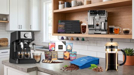 Collage of coffee machines and beans