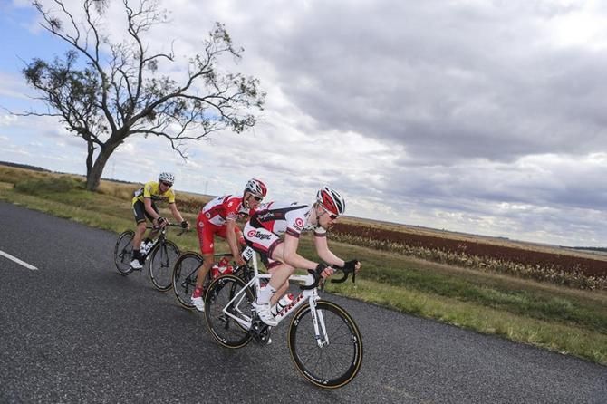 The three-man break of Nathan Elliot (Target-Trek), Robbie Hucker (Drapac) and Jack Anderson (Budget Forklifts)