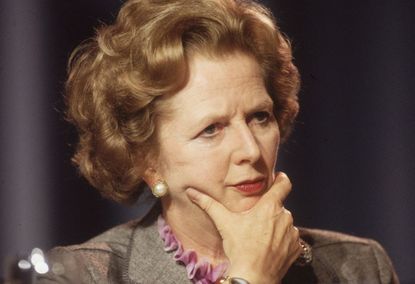 Privatisation enthusiast Margaret Thatcher stroking her chin