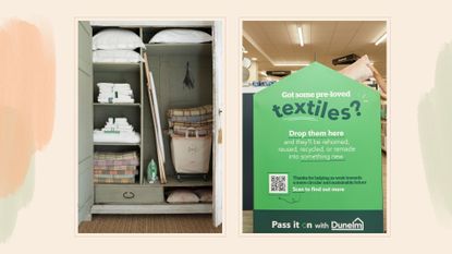 Image of a linen cupboard in a home next to a sign in store of the Dunelm textile recycling Take Back scheme to show how to recycle textiles