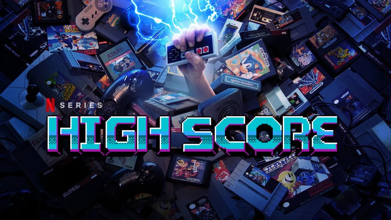 Et promobilde for dokumentarserien High Score på Netflix, der en arm stikker ut fra en haug med spillkassetter med en Nintendo-kontroller i hånden.