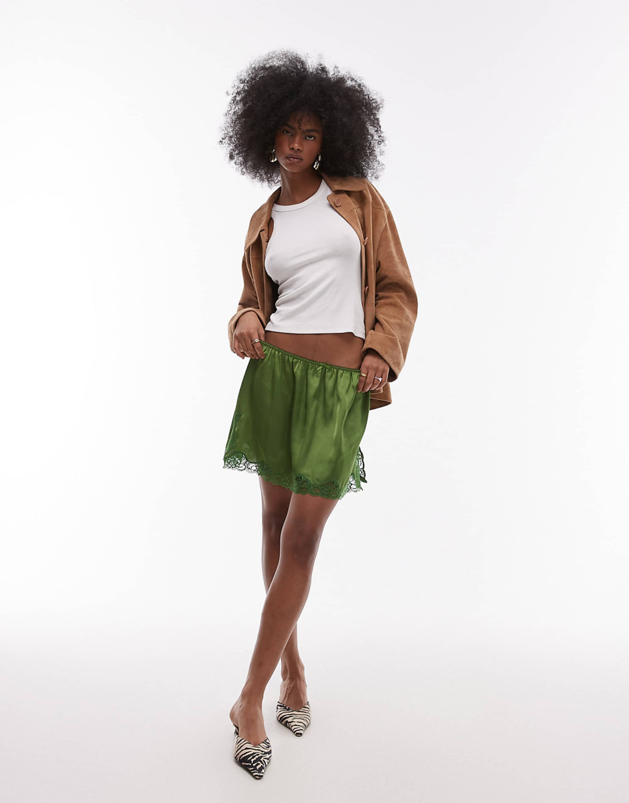 Topshop Satin Lace Petticoat Mid Rise Mini Skirt in Green