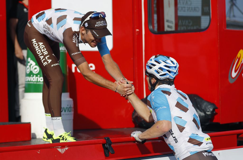 Jan Bakelants congratulates AG2R-La Mondiale teammate Pierre Latour on his stage win