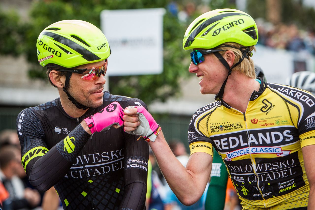 Tj Eisenhart (Holowesko) and teammate Rubin Companioni get ready for the stage.