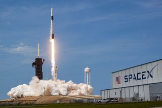 A SpaceX Falcon 9 rocket launch launches two NASA astronauts into orbit on a Crew Dragon spacecraft from Pad 39A of the Kennedy Space Center in Florida on May 30, 2020.