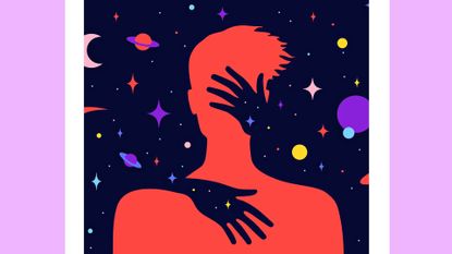 Sex position based on your zodiac sign. Female hands hug a silhouette of man with dream universe background. Simple character of young man with universe starry night. Concept in flat color graphic. Vector illustration