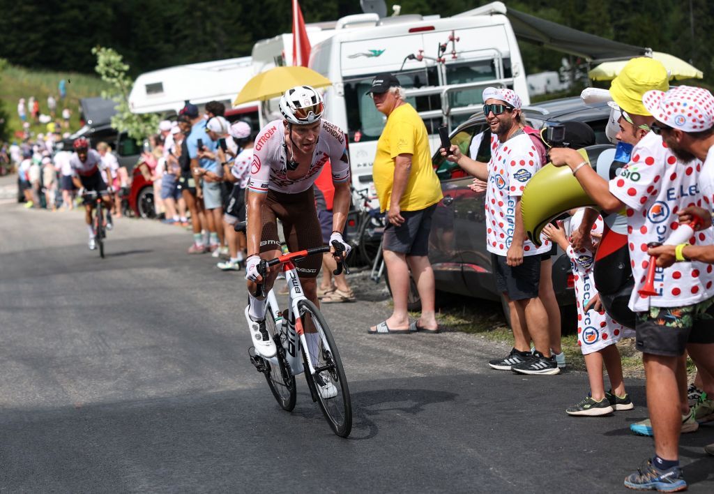 AG2R Citroen Teams Luxembourgish rider Bob Jungels cycles in a breakaway in the Swiss Alps during the 9th stage of the 109th edition of the of the Tour de France cycling race 1929 km between Aigle in Switzerland and Chatel Les Portes du Soleil in the French Alps on July 10 2022 Photo by Thomas SAMSON AFP Photo by THOMAS SAMSONAFP via Getty Images