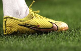 A detail of the boots of Erling Haaland of Manchester City prior to the during the Premier League match between Chelsea FC and Manchester City at Stamford Bridge on January 05, 2023 in London, England.