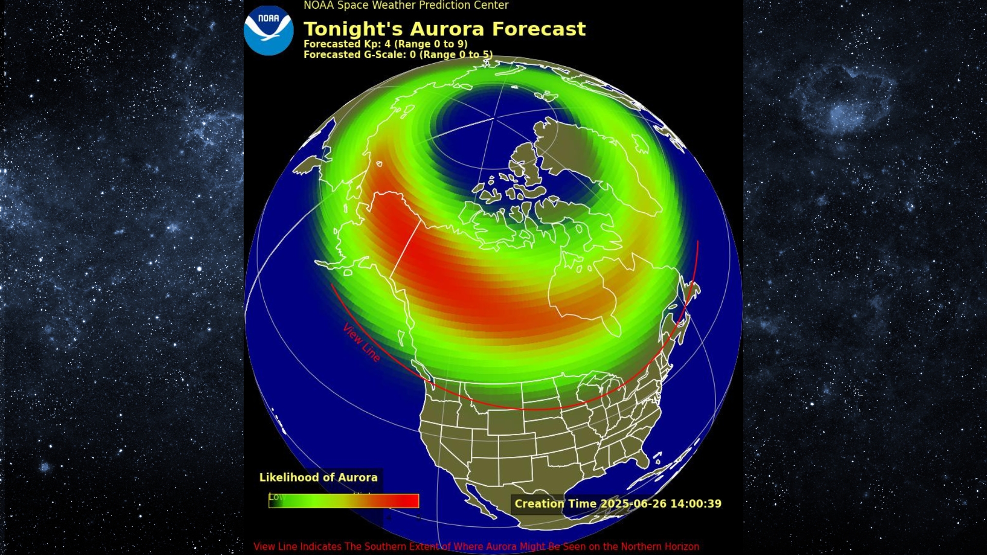 Un gráfico que muestra el pronóstico de Aurora de esta noche y la posible línea de vista prevista para Auroras en los Estados Unidos.