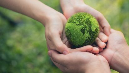 Grass model of planet Earth in two cupped hands