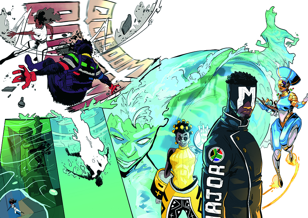 African comics; characters next to a wave