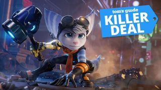 Ratchet and Clank Rift Apart with deal tag superimposed