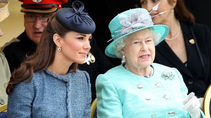 Kate Middleton's heart-to-heart with the Queen came after becoming a parent, seen here talking during a visit to Vernon Park 