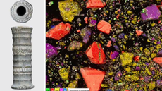 A vial of lipstick and microscopic image of pigment. 