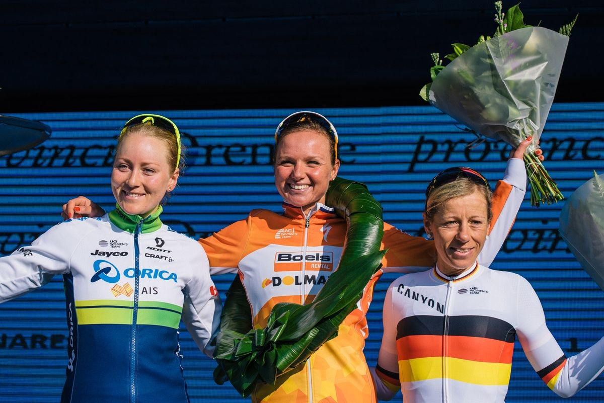 Gracie Elvin, Chantal Blaak and Trixi Worrack on the podium