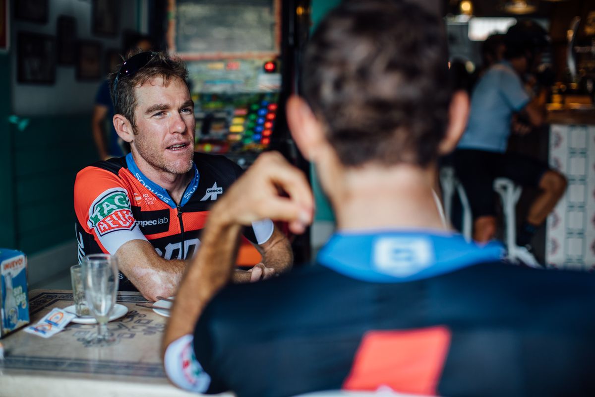 Brent Bookwalter and Joey Roskopf on the coffee stop after the time trial recon.