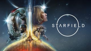 This is the main art for the space role playing game Starfield. At the bottom center is a glowing golden city with a tall skyscraper in the middle. Light extends upwards to the top of the image. On the left is a close up of two astronauts faces. On the right the head of a blonde woman with shoulder length hair who is looking off to the top right. Below her there is a bulky humanoid-shaped robot. To the right of this there is the world Starfrield in capital letters with a circle around it.
