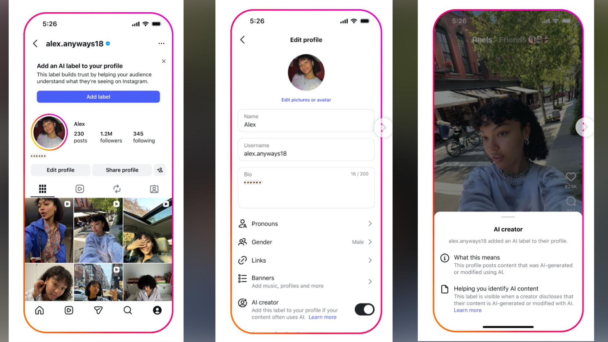 Screenshots of Instagram AI creator label feature. 