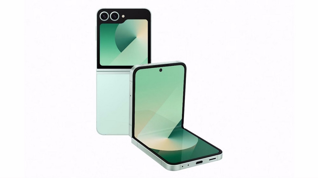 Un rendu de liste divulgué du Galaxy Z Flip 6 en vert (ou menthe).