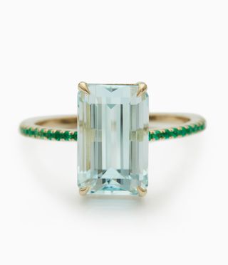 Vogue Ring - aquamarine thin band with a rectangular sky-blue/clear block stone.