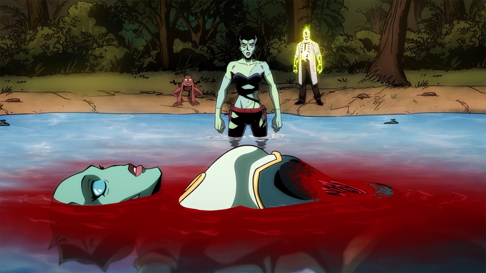 Nina Mazursky lying dead on the surface of a lake as The Bride looks on in Creature Commandos episode 7